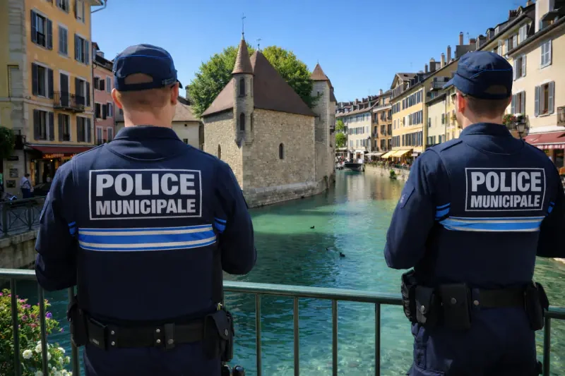 Deux agents de police municipale observant un canal pittoresque à Annecy, avec des bâtiments colorés en arrière-plan - Sécurité et tranquillité publique
